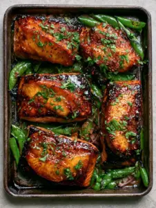 Close up of caramelized Atlantic salmon fillets with a bubbly maple peach glaze and red chili flakes. (Maple Peach Glazed Salmon)