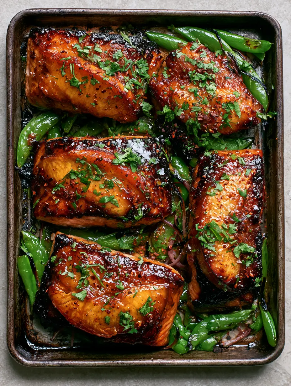 Close up of caramelized Atlantic salmon fillets with a bubbly maple peach glaze and red chili flakes. (Maple Peach Glazed Salmon)