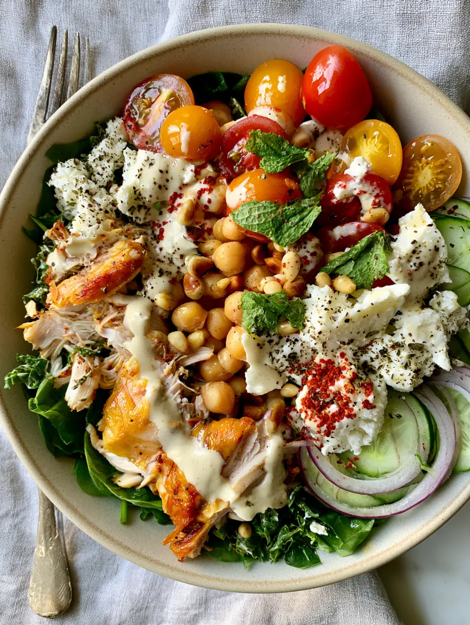 Overhead shot of a Mediterranean power bowl with lemon-tahini dressing and fresh herbs. (summer dinner recipes)