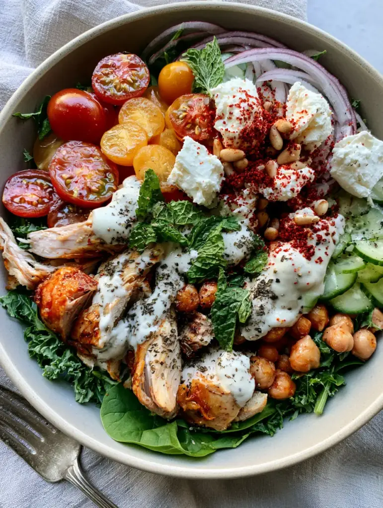 Close up of shredded rotisserie chicken and creamy feta in a matte ceramic bowl.