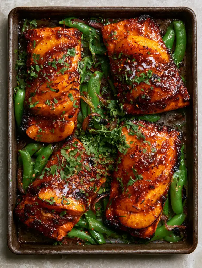 Roasted peach wedges with grill marks next to blistered snap peas and salmon. (Maple Peach Glazed Salmon)