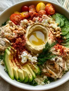 Close up of a vibrant Mediterranean dinner bowl with heirloom tomatoes and creamy hummus, embodying light summer dinner ideas.