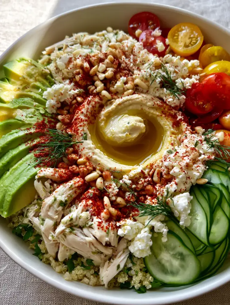Lifestyle photo of a Mediterranean chicken quinoa bowl on a linen background, ideal for light summer dinner ideas.