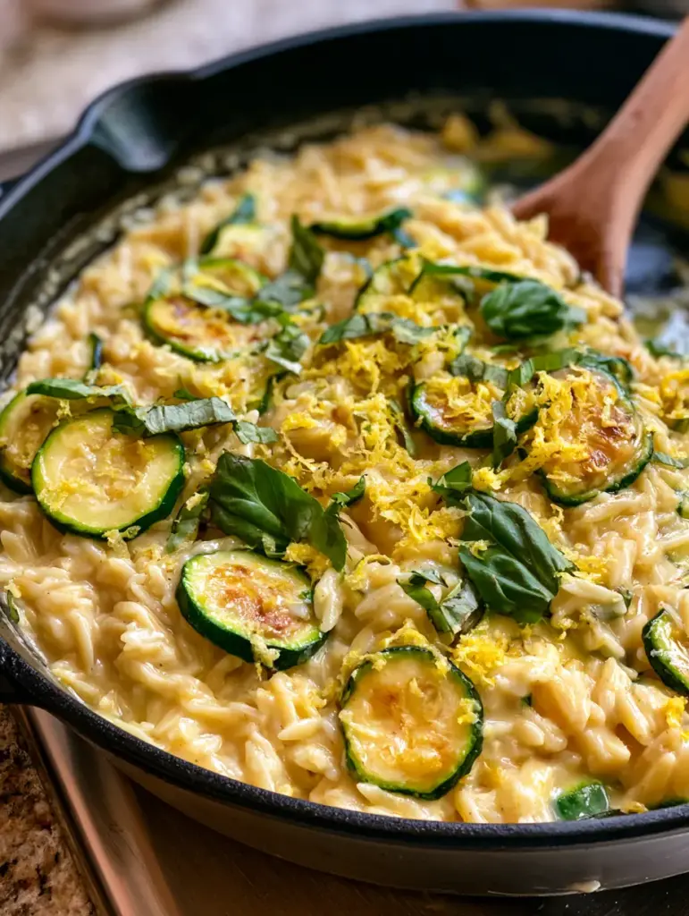 A shallow matte white pan of lemon orzo with zucchini featuring glistening olive oil and curly lemon zest.
