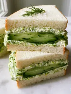 High-angle close-up of translucent sliced English cucumbers in a sandwich. (cucumber sandwiches recipe)
