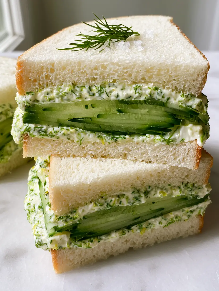 High-angle close-up of translucent sliced English cucumbers in a sandwich. (cucumber sandwiches recipe)