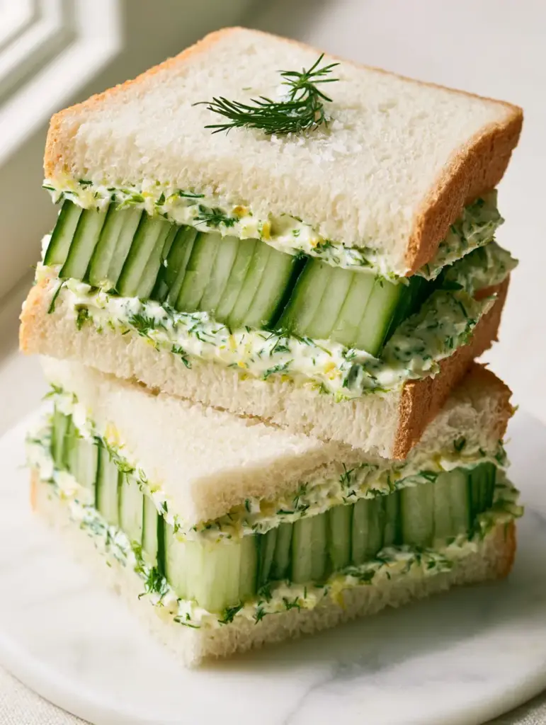 Close up shot of whipped cream cheese with dill and lemon zest on white bread. (cucumber sandwiches recipe)