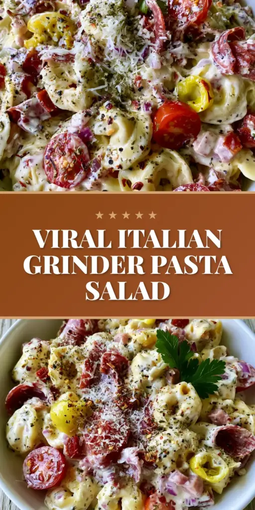 A tall, vertical Pinterest-optimized shot of Italian Grinder Tortellini Salad in a white bowl showing salami ribbons, pepperoni cubes, and creamy dressing.