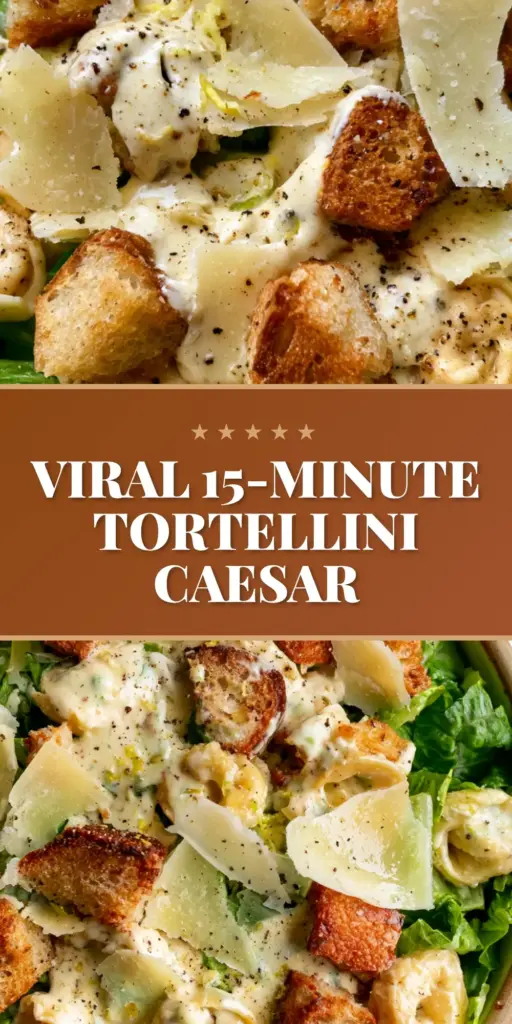 Tortellini Caesar Salad with Crispy Sourdough Croutons 4 Overhead view of a luxurious tortellini Caesar salad in a rustic bowl featuring emerald romaine, plump pasta, and golden sourdough croutons.