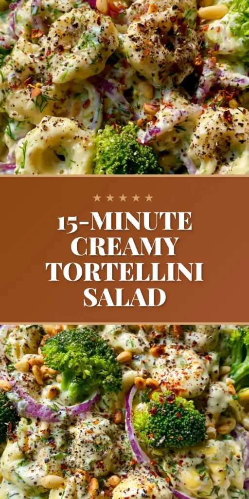 A close-up shot of Tortellini Broccoli Salad in a white bowl showing plump pasta, green broccoli, and toasted pine nuts.