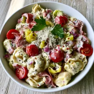 Overhead macro shot of Italian Grinder Tortellini Salad highlighting the creamy pale-ivory dressing and yellow pepperoncini rings.