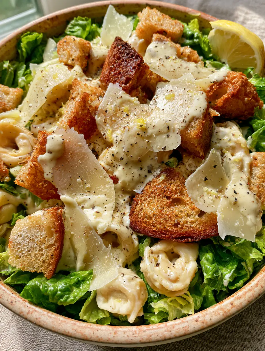 Tortellini Caesar Salad with Crispy Sourdough Croutons 3 Close-up of cheese-filled tortellini Caesar salad with thick creamy dressing and cracked black pepper.
