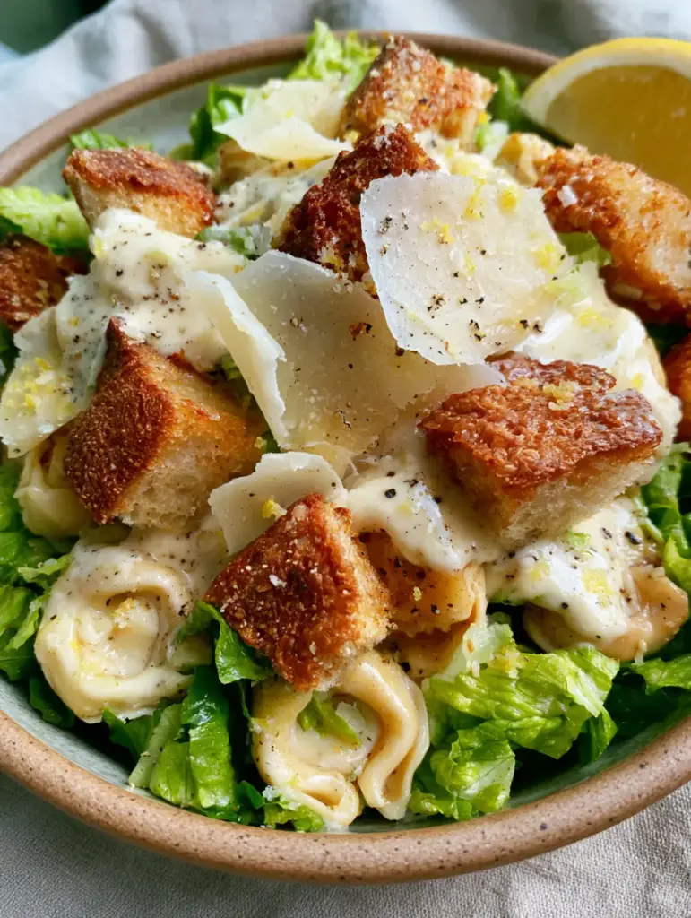 Tortellini Caesar Salad with Crispy Sourdough Croutons 1 Rustic ceramic bowl filled with emerald green romaine, sourdough croutons, and wide parmesan shavings for a tortellini Caesar salad.