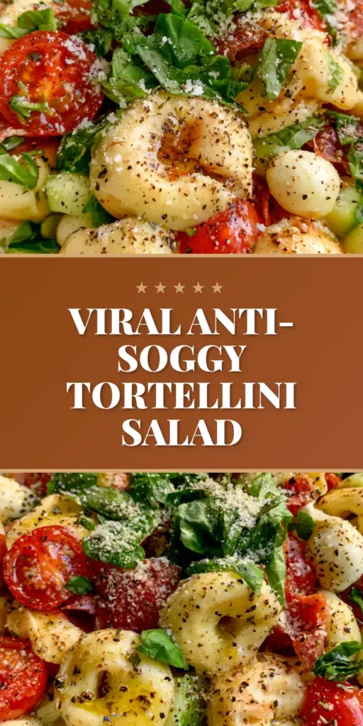 A close-up vertical shot of a vibrant tortellini salad with salami ribbons, cherry tomatoes, and mozzarella pearls in a white bowl. (tortellini salad)
