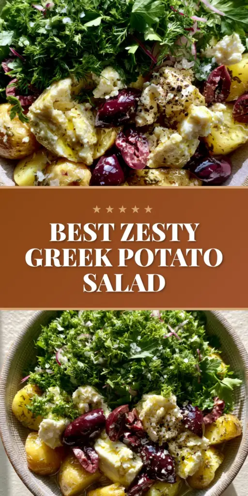 Greek Potato Salad with Lemon-Herb Vinaigrette and Feta 4 A top-down shot of a vibrant Greek potato salad with gold potatoes, feta crumbles, kalamata olives, and fresh herbs in a stoneware bowl.