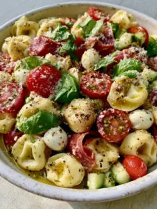 Macro photo of cheese-filled tortellini glistening with herb vinaigrette and fresh basil. (tortellini salad)