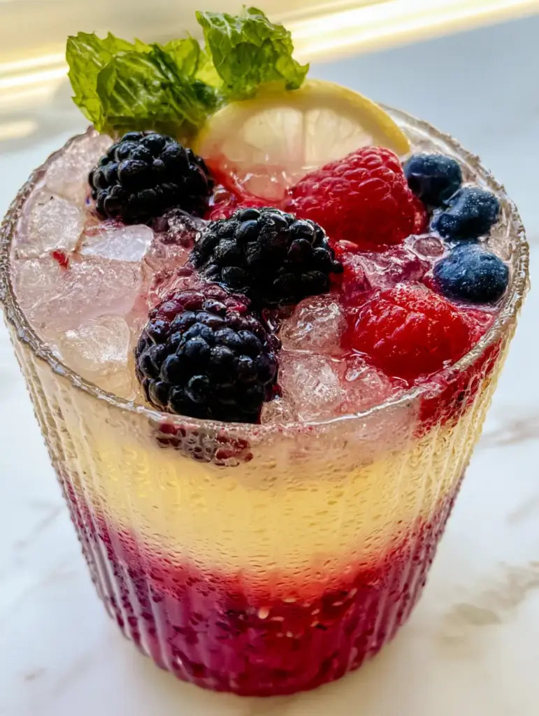 Close-up of a ribbed glass showing Triple Berry Lemonade condensation and vibrant berry pulp at the bottom.