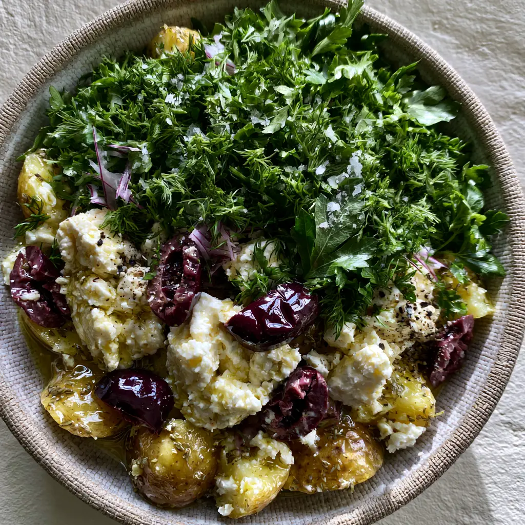Greek Potato Salad with Lemon-Herb Vinaigrette and Feta 2 Close-up of Greek potato salad showing glistening lemon vinaigrette, rustic feta chunks, and fresh dill forest.