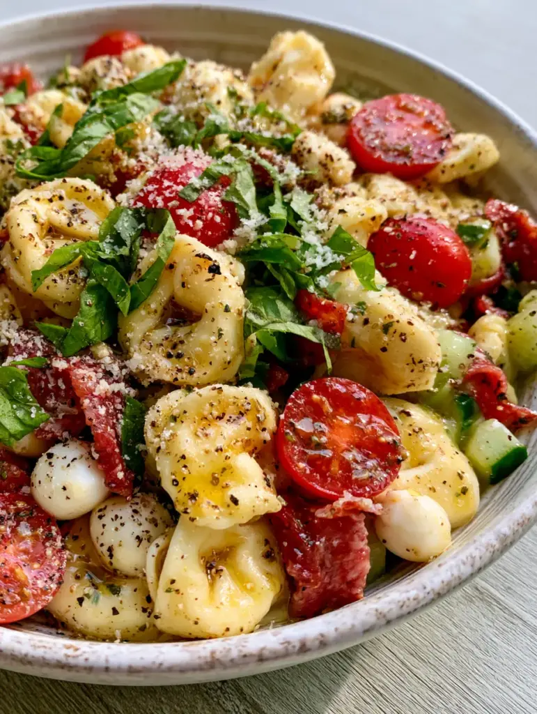 Top-down view of tortellini salad in a rustic white bowl showing salami ribbons and mozzarella pearls.