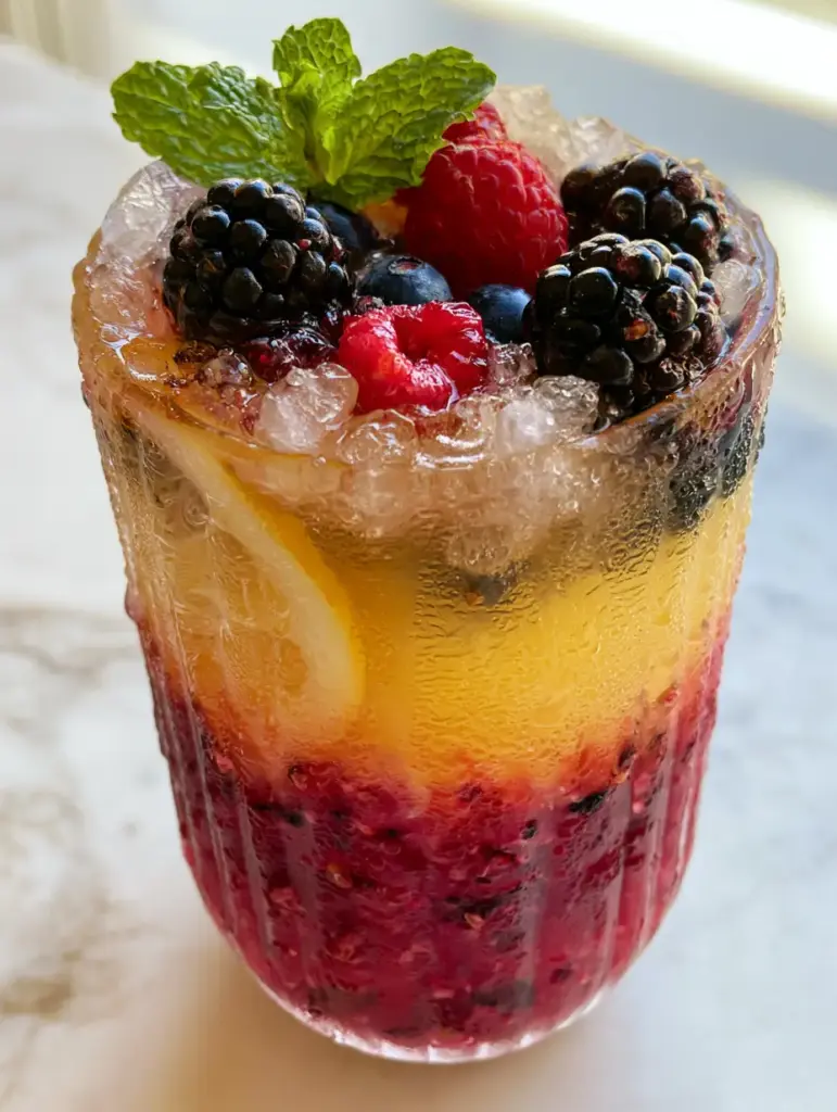 Triple Berry Lemonade: The Ultimate Summer Ombre Refreshment 1 High angle view of Triple Berry Lemonade featuring whole blueberries and raspberries nestled in crushed pebble ice.