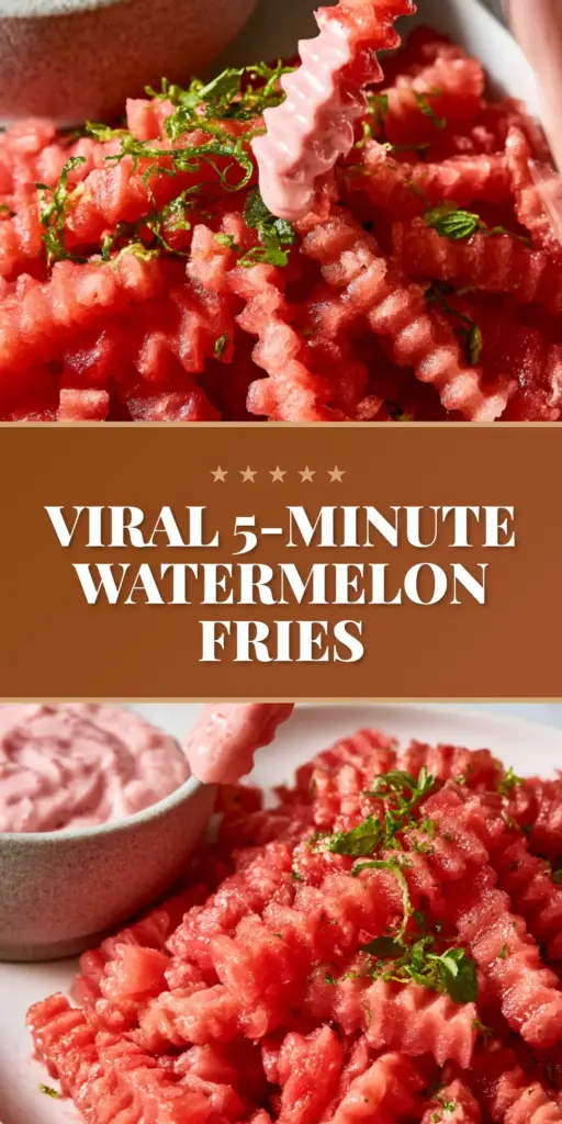 A heap of crisp, cold, crinkle-cut watermelon fries on a white platter with strawberry yogurt dip and lime zest.