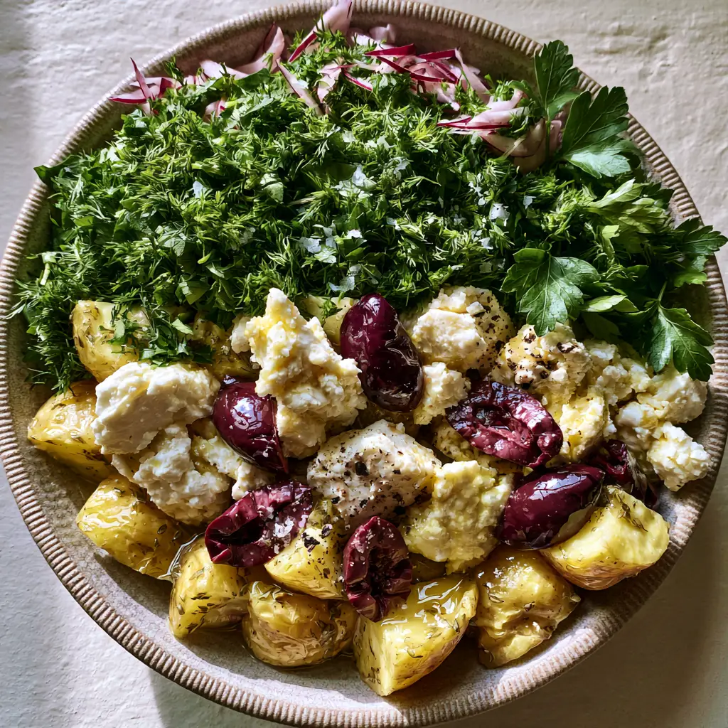 Greek Potato Salad with Lemon-Herb Vinaigrette and Feta 1 Handheld photo of Greek potato salad in a shallow stoneware bowl on an off-white plaster background.