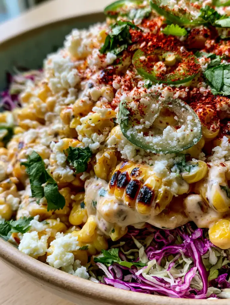 Top-down view of spicy corn slaw garnished with cotija cheese and thin jalapeño slices.