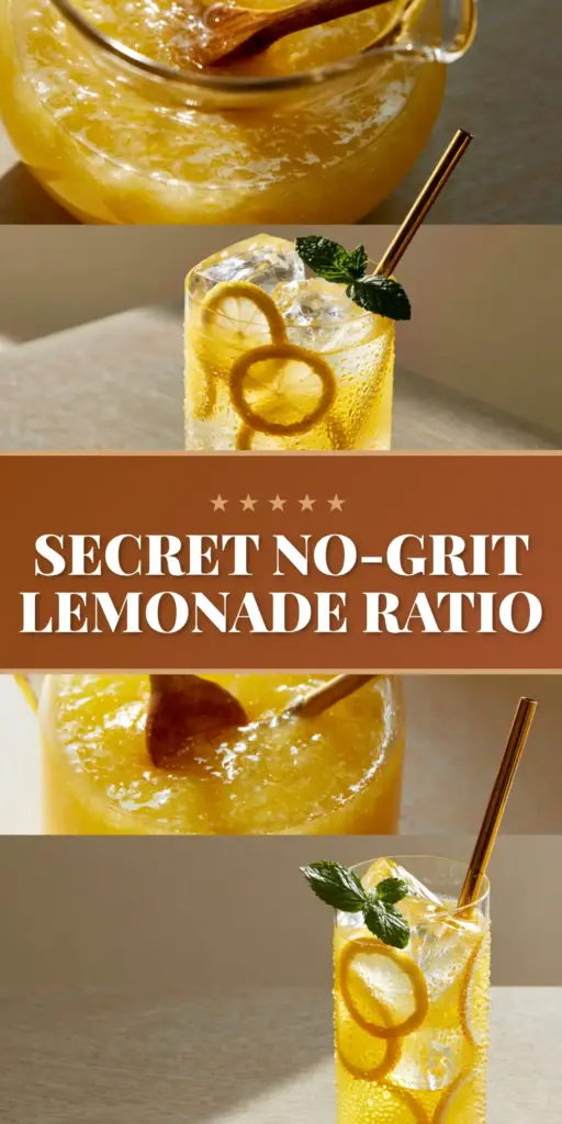 A tall highball glass of Classic Lemonade with clear square ice, vertical lemon wheels, mint, and a gold straw on an oak table.