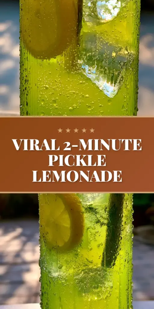 A tall ribbed glass of Pickle Lemonade with neon-yellow liquid, green brine swirls, a pickle spear, and heavy condensation on a stone coaster.