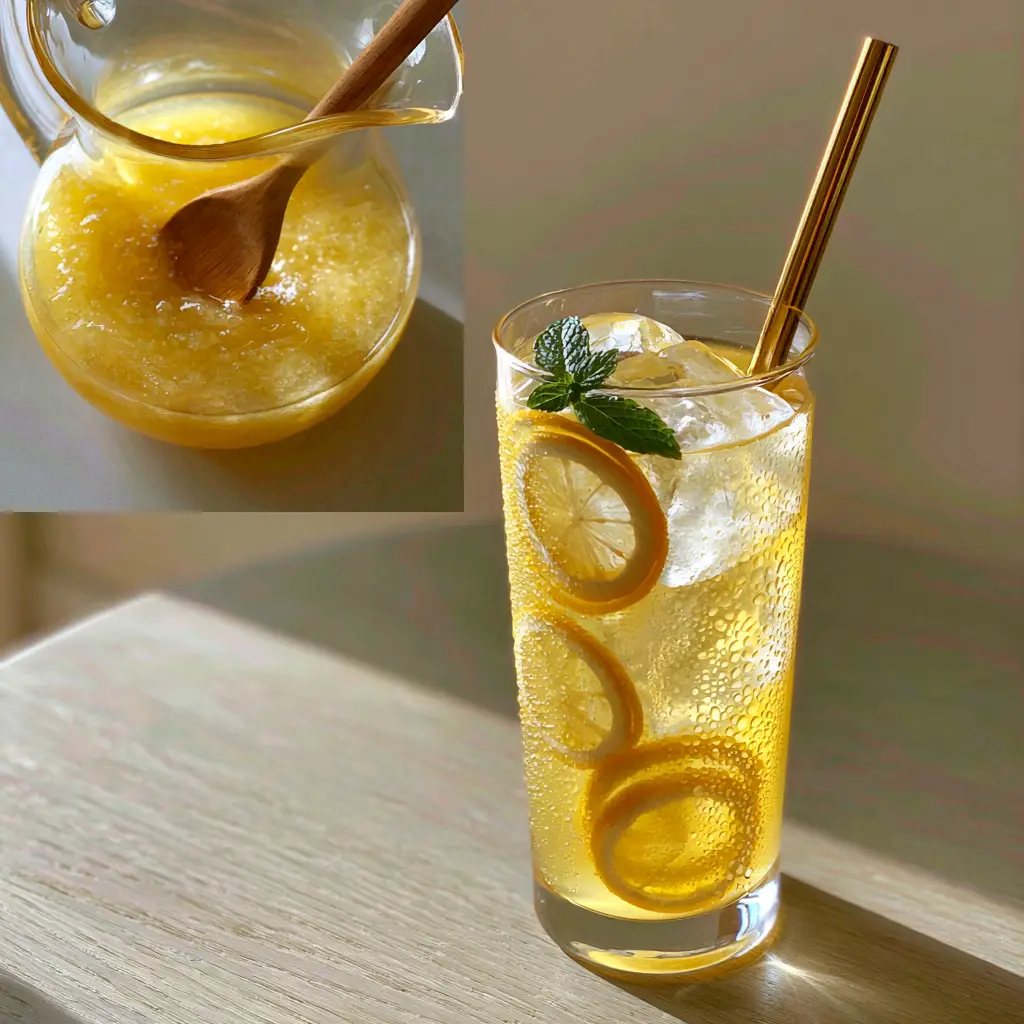 Split screen showing lemon syrup being stirred and a finished Classic Lemonade glass with heavy condensation.