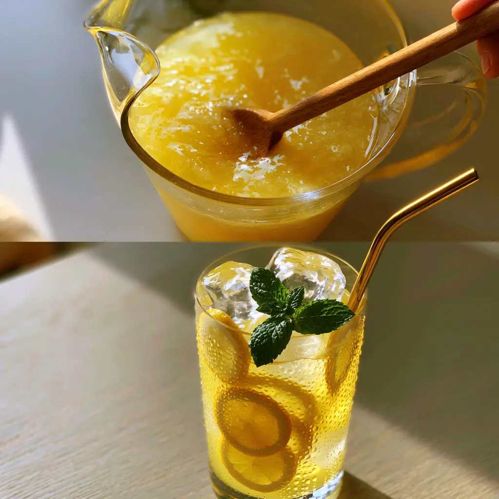 Close up of clear ice cubes and lemon wheels in a vibrant yellow lemonade glass.