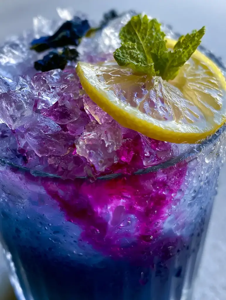 Macro close-up of saturated indigo butterfly pea tea transitioning into magenta with ice shards. (Butterfly Pea Lemonade)