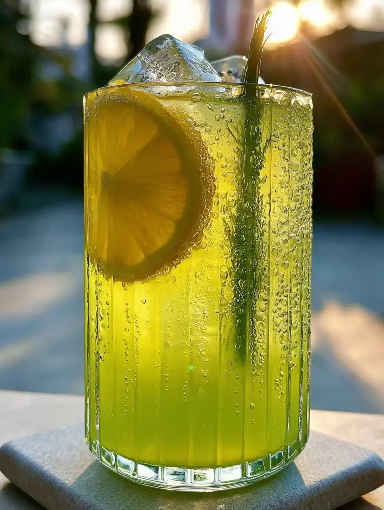 Macro shot of Pickle Lemonade showing tiny effervescent bubbles and a vibrant neon-yellow glow in a frosted ribbed glass.