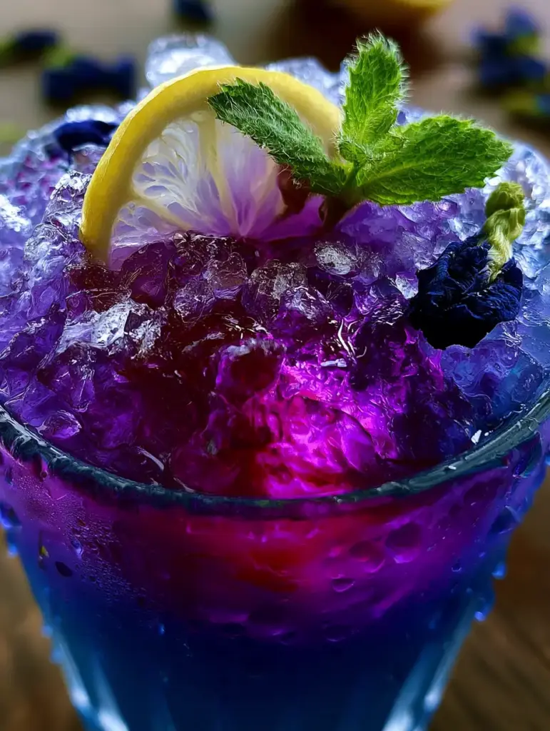 A fresh sprig of green mint and a translucent yellow lemon wheel resting on jagged crushed ice in a purple drink.