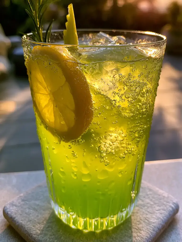 Extreme close up of clear ice cubes and a bright yellow lemon wheel inside a Pickle Lemonade glass with condensation droplets.