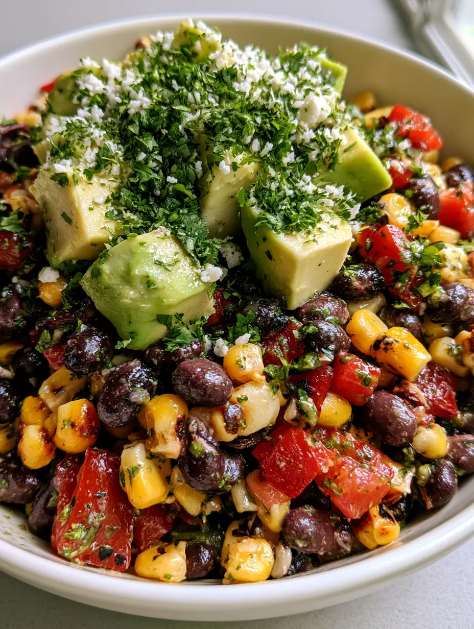Black Bean Corn Salad with Zesty Lime Vinaigrette and Cotija 3 Macro view of black bean corn salad with glistening cilantro lime dressing and charred corn marks.