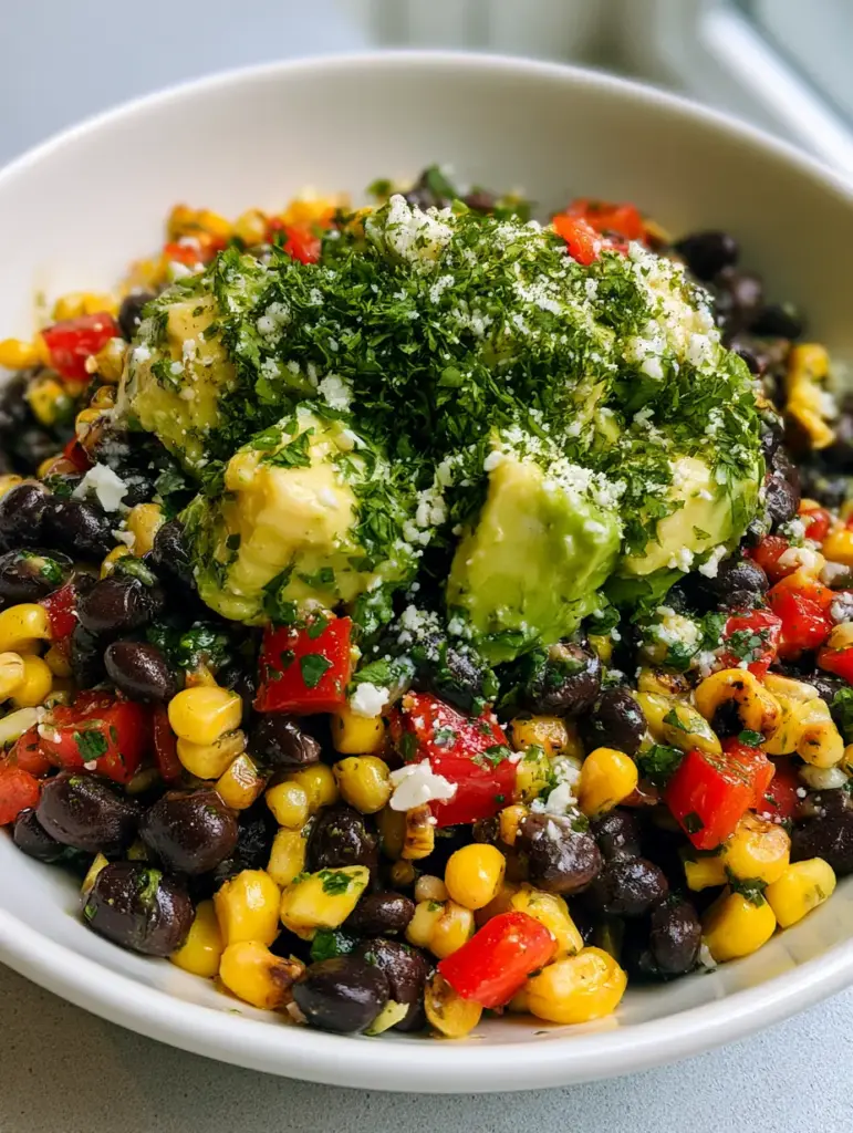 Black Bean Corn Salad with Zesty Lime Vinaigrette and Cotija 1 A top-down view of the finished black bean corn salad garnished with white cotija cheese and emerald cilantro.