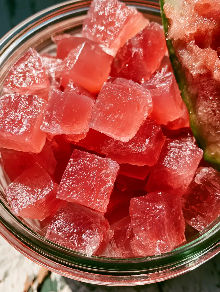 A pile of glistening ruby-pink Watermelon Rind Jellies next to a fresh watermelon slice showing the white rind.