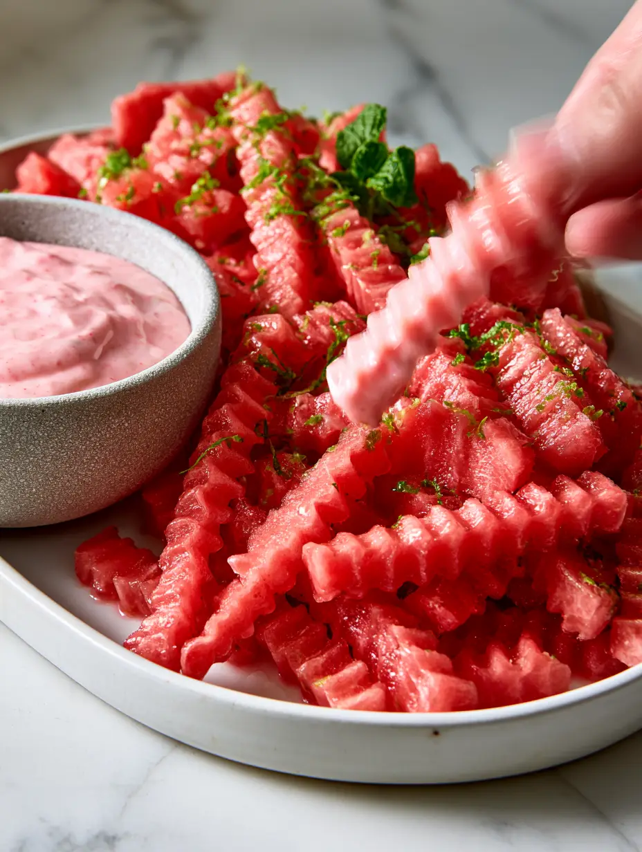 Close up of crinkle-cut watermelon fries showing glistening juice and wavy edges.