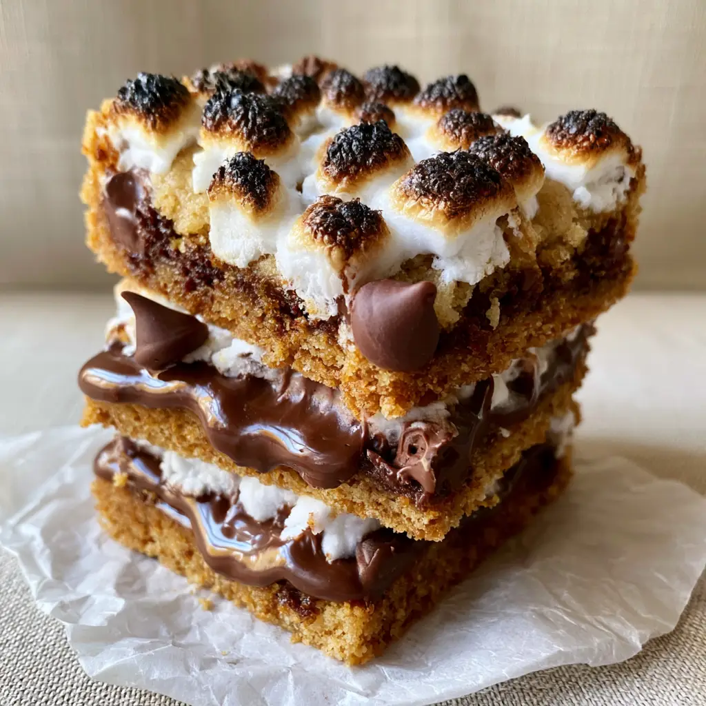 Overhead view of Smores Cookie Bars highlighting the toasted mini marshmallow mosaic.