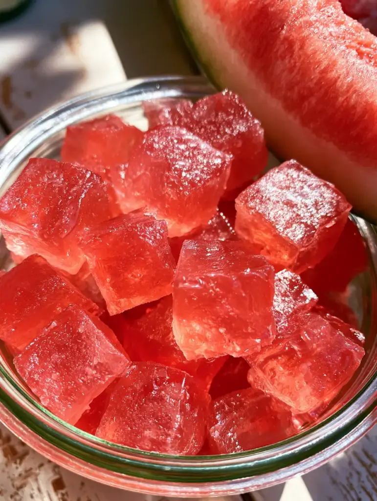 Watermelon Rind Jellies in a clear glass jar on a neutral linen surface in natural daylight.