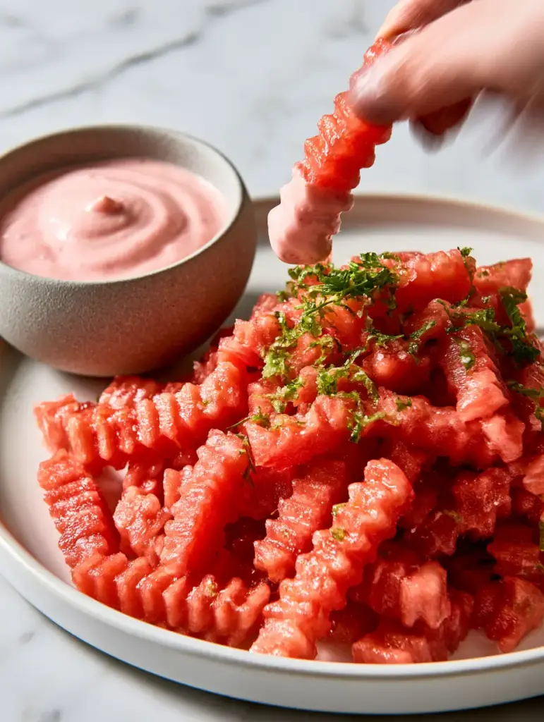 A hand dipping a crinkle-cut watermelon fry into thick pink strawberry yogurt dip.
