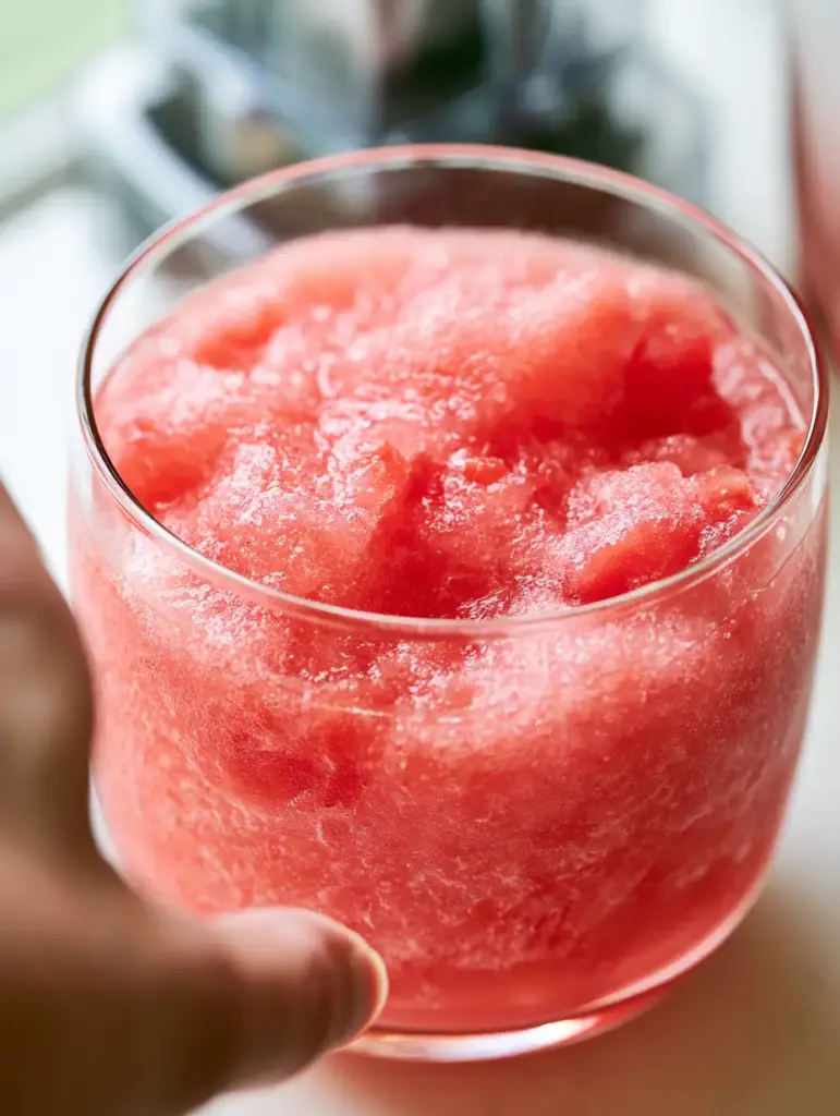 Leftover Watermelon Recipes: The Ultimate Frozen Limeade Slushie 1 The final watermelon limeade slushie in golden hour lighting, a perfect example of leftover watermelon recipes.