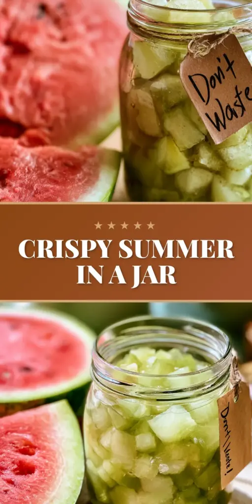A split composition of watermelon canning recipes showing pickled rinds with dill and peppercorns on top and jars of ruby red jelly and pink juice on the bottom.