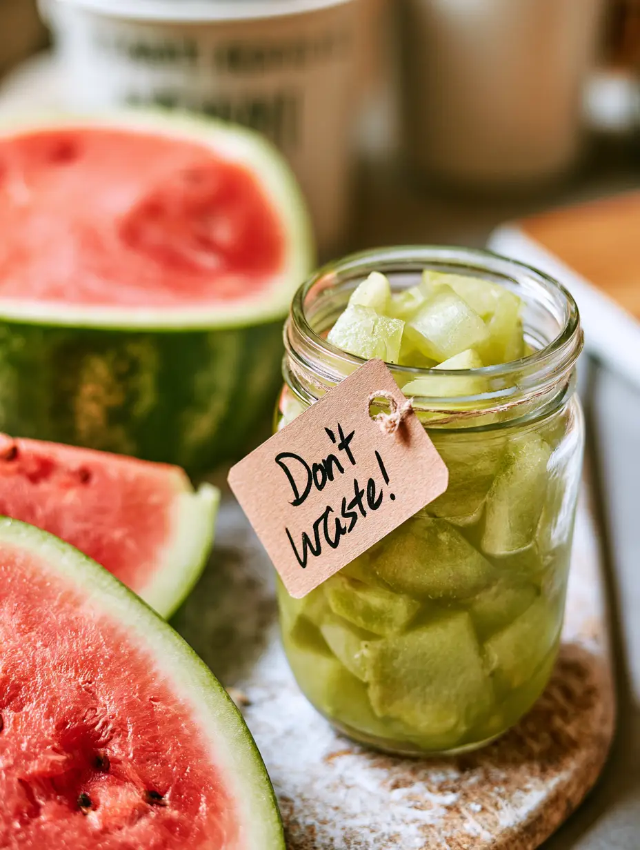 Macro close-up of translucent pickled watermelon rinds in a jar with mustard seeds and black peppercorns. (watermelon canning recipes)