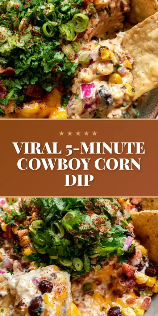 Cowboy Corn Dip: The Ultimate Creamy Charred Corn and Bacon Appetizer 3 A top-down angled photo of Cowboy Corn Dip in a rustic matte bowl featuring charred corn, bacon bits, and black beans with a corn chip scoop.