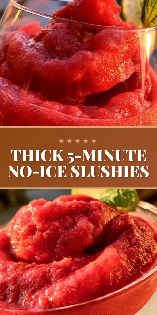 Alcoholic Slushies: The Ultimate Peach and Strawberry Rosé Wine Slushie 4 A handheld smartphone photo of thick alcoholic slushies in a ribbed glass with a peach slice, mint sprig, and sugar rim on a marble countertop.