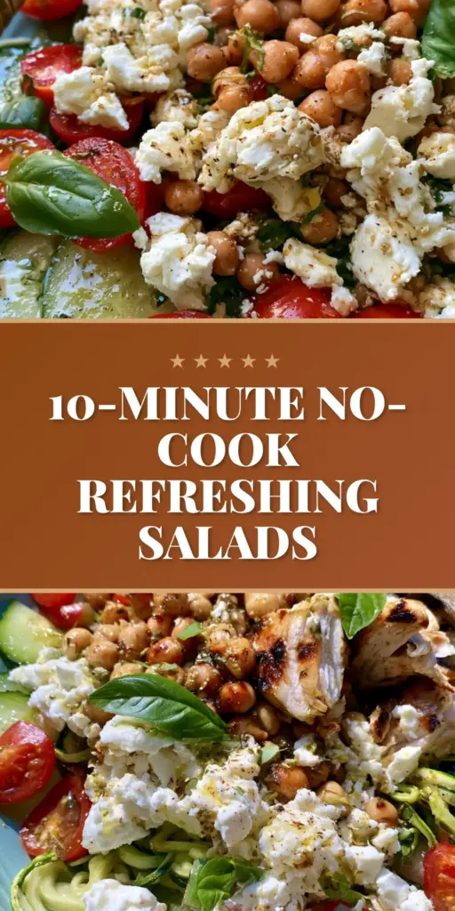 A macro photo of a vibrant 10-minute summer salad with cucumbers, tomatoes, feta, and chickpeas in a white bowl. (Summer Salad Recipes)