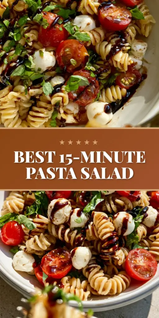 A birdseye view of Bruschetta Pasta Salad in a white ceramic bowl featuring rotini, halved tomatoes, mozzarella pearls, and balsamic glaze.