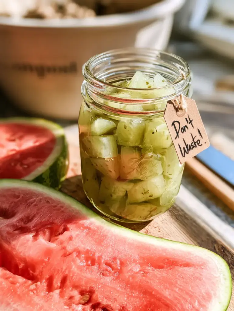 Aesthetic kitchen counter with jars of ruby red watermelon jelly and vibrant pink juice. (watermelon canning recipes)
